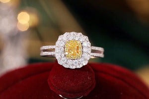 LUOWEND 18K White Gold Real Natural Yellow Diamond Ring for Women