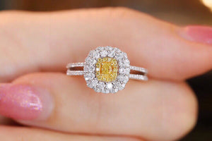 LUOWEND 18K White Gold Real Natural Yellow Diamond Ring for Women