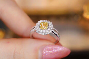 LUOWEND 18K White Gold Real Natural Yellow Diamond Ring for Women