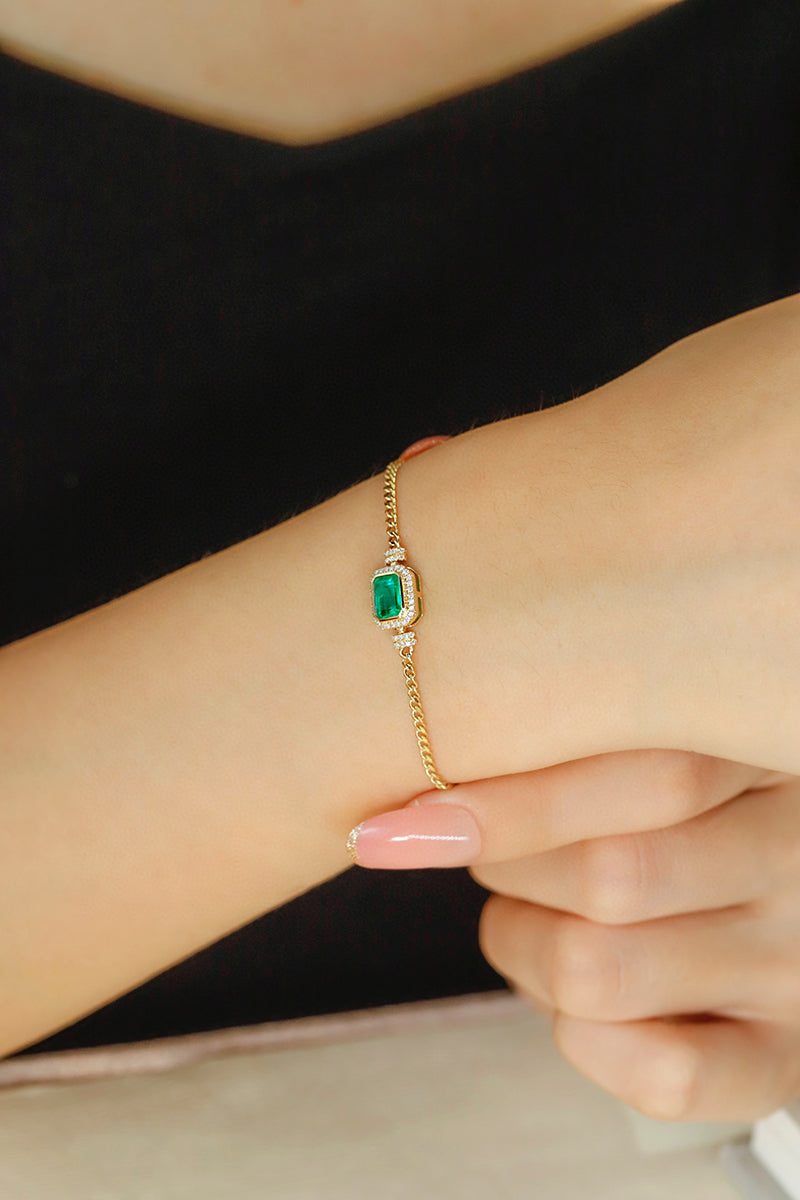 LUOWEND 18K Yellow Gold Real Natural Emerald Bracelet and Necklace for Women