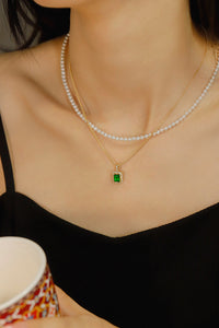 LUOWEND 18K Yellow Gold Real Natural Emerald and Diamond Gemstone Necklace for Women