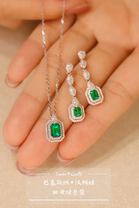 LUOWEND 18K White Gold Real Natural Emerald Necklace and Earrings for Women