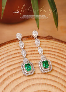 LUOWEND 18K White Gold Real Natural Emerald Necklace and Earrings for Women