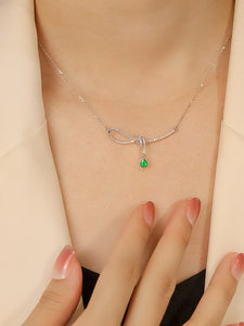 LUOWEND 18K White Gold Real Natural Diamond and Emerald Necklace for Women