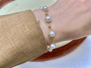 LUOWEND 18K Yellow Gold Natural Pink Akoya Pearl Bracelet for Women