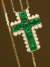 Load image into Gallery viewer, LUOWEND 18K Yellow Gold Natural Emerald Cross Pendant Necklace for Women
