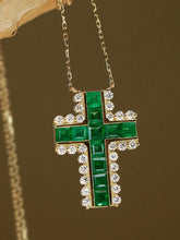 Load image into Gallery viewer, LUOWEND 18K Yellow Gold Natural Emerald Cross Pendant Necklace for Women
