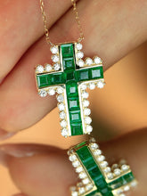 Load image into Gallery viewer, LUOWEND 18K Yellow Gold Natural Emerald Cross Pendant Necklace for Women
