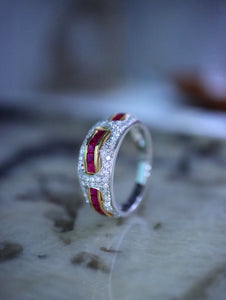LUOWEND 18K White+Yellow Gold Natural Ruby Ring for Women