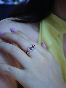 LUOWEND 18K White+Yellow Gold Natural Ruby Ring for Women