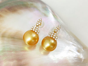 LUOWEND 18K Yellow Gold Real Natural Diamond and Gold Pearl Earrings for Women