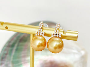 LUOWEND 18K Yellow Gold Real Natural Diamond and Gold Pearl Earrings for Women