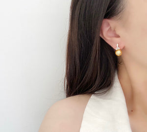 LUOWEND 18K Yellow Gold Real Natural Diamond and Gold Pearl Earrings for Women