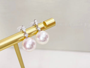 LUOWEND 18K White Gold Real Natural Diamond and Pearl Earrings for Women