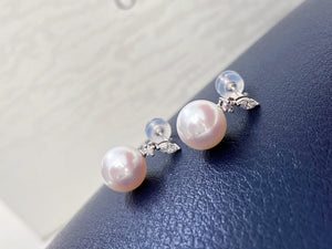 LUOWEND 18K White Gold Real Natural Diamond and Pearl Earrings for Women