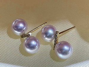 LUOWEND 18K Yellow Gold Real Natural Diamond and Akoya Pearl Earrings for Women