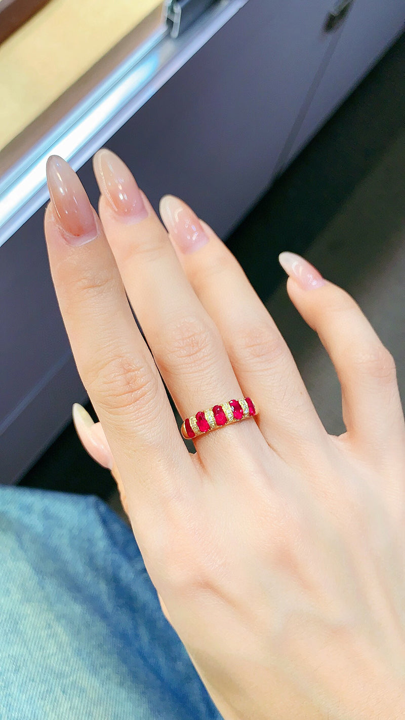 LUOWEND 18K Yellow Gold Real Natural Ruby Ring for Women