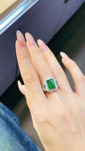 LUOWEND 18K White Gold Real Natural Emerald Ring for Women