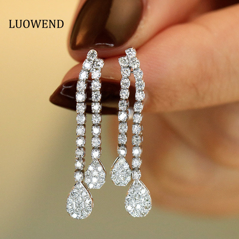 LUOWEND 18K White Gold Real Natural Diamond Drop Earrings for Women