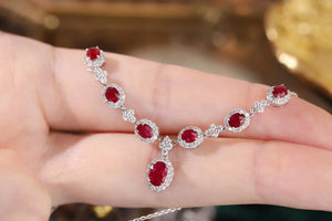 LUOWEND 18K White Gold Natural Ruby Real Diamond Necklace for Women