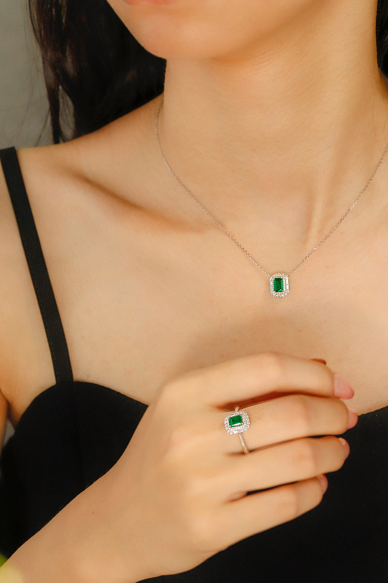 LUOWEND 18K White and Yellow Gold Real Natural Diamond&Emerald Necklace and Ring for Women
