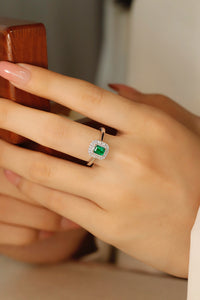 LUOWEND 18K White and Yellow Gold Real Natural Diamond&Emerald Necklace and Ring for Women