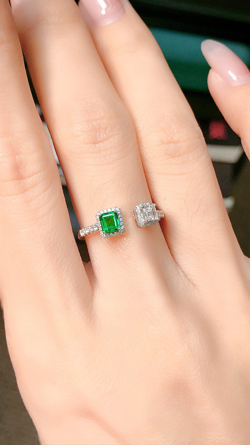LUOWEND 18K White Gold Real Natural Emerald Ring for Women