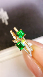 LUOWEND 18K Yellow Gold Real Natural Emerald Ring for Women