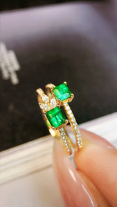 LUOWEND 18K Yellow Gold Real Natural Emerald Ring for Women