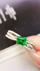 LUOWEND 18K White Gold Real Natural Emerald Ring for Women