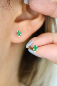 LUOWEND 18K Yellow Gold Real Natural Emerald and Diamond Gemstone Earrings for Women