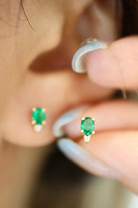 LUOWEND 18K Yellow Gold Real Natural Emerald and Diamond Gemstone Earrings for Women