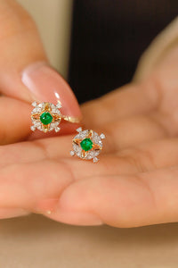 LUOWEND 18K Yellow Gold Real Natural Emerald and Diamond Gemstone Earrings for Women