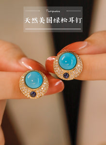 LUOWEND 18K Yellow Gold Real Natural Turquoise Earrings for Women