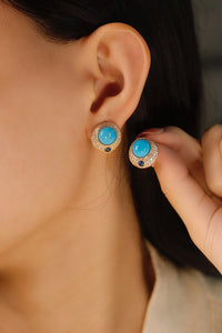 LUOWEND 18K Yellow Gold Real Natural Turquoise Earrings for Women
