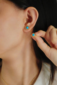 LUOWEND 18K Yellow Gold Real Natural Turquoise Earrings for Women