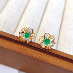 LUOWEND 18K White and Yellow Gold Real Natural Emerald and Diamond Gemstone Earrings for Women