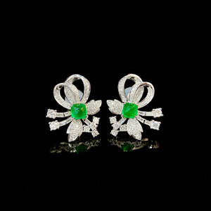 LUOWEND 18K White Gold Real Natural Emerald and Diamond Gemstone Earrings for Women
