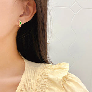 LUOWEND 18K Yellow Gold Real Natural Emerald and Diamond Gemstone Earrings for Women