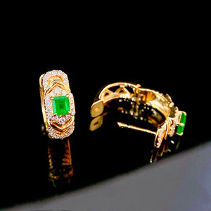 LUOWEND 18K Yellow Gold Real Natural Emerald and Diamond Gemstone Earrings for Women