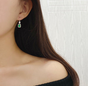 LUOWEND 18K White Gold Real Natural Emerald and Diamond Gemstone Earrings for Women