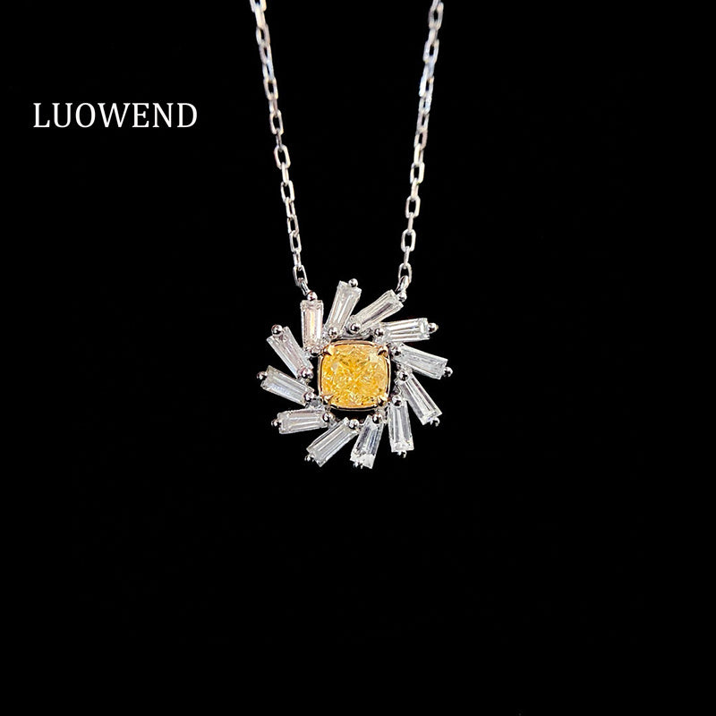 LUOWEND 18K White Gold Natural Yellow Diamond Necklace for Women