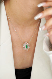 LUOWEND 18K White Gold Real Natural Emerald and Diamond Gemstone Necklace for Women