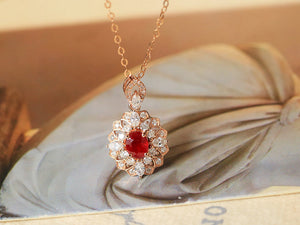 LUOWEND 18K Rose Gold Natural Ruby Necklace for Women