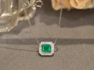 LUOWEND 18K White Gold Natural Emerald Necklace for Women