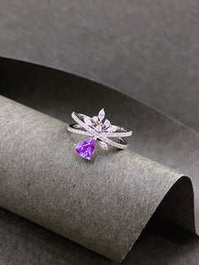LUOWEND 18K White Gold Natural Diamond and Sapphire Ring for Women