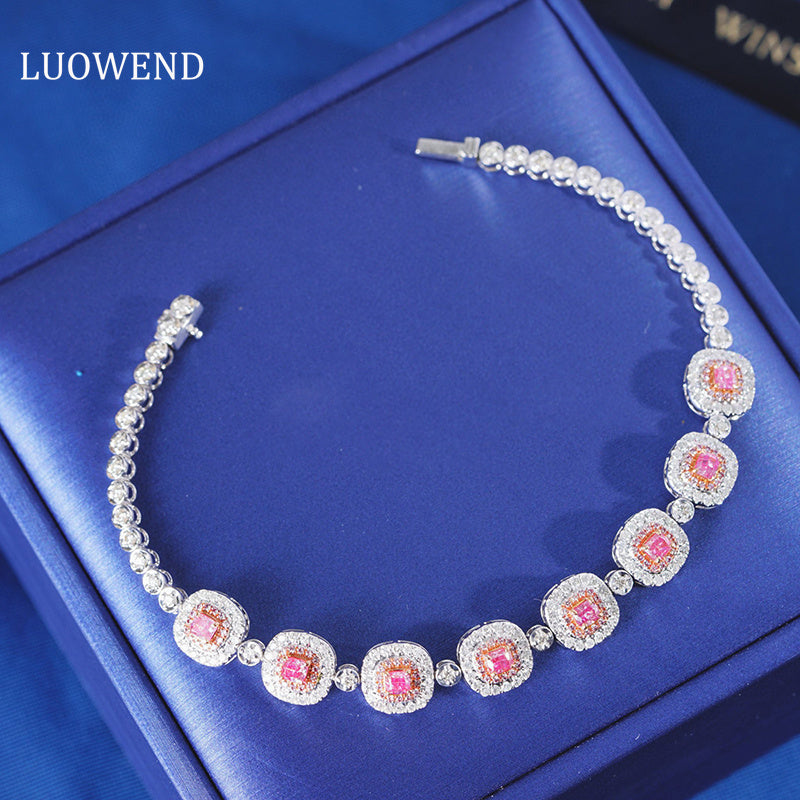 LUOWEND 18K White Gold Real Natural Pink Diamond Bracelet for Women