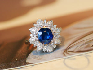 LUOWEND 18K White Gold Natural Sapphire Ring for Women