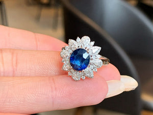 LUOWEND 18K White Gold Natural Sapphire Ring for Women