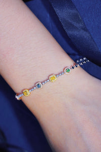 LUOWEND 18K White Gold Real Natural Colorful Diamond Bracelet for Women